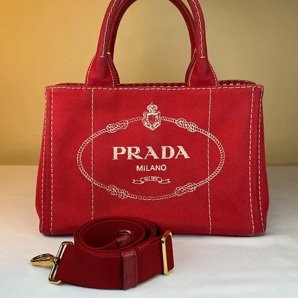 Prada Canapa Red Denim Canvas Snap Sides, Adjustable Removable Strap, Auth Cards - Picture 3 of 16